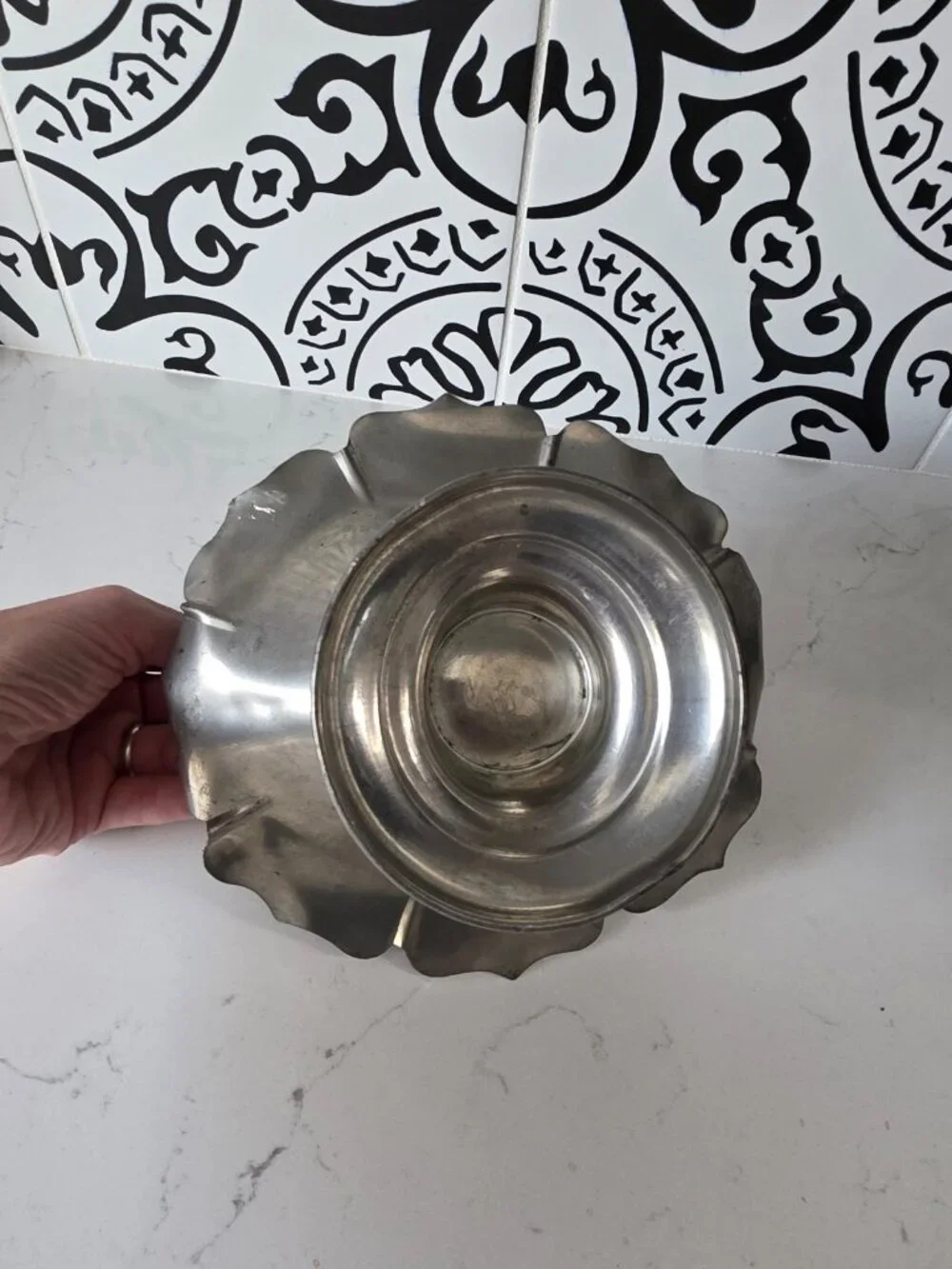 Vintage Silver Tone Pedestal Basket Scalloped Rim Swing Handle Footed Dish